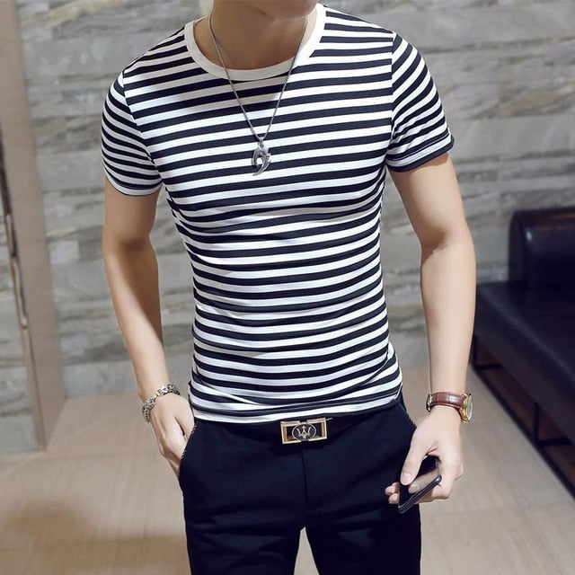 Summer Stripe T-shirt Men's Fashion O-neck Short Sleeve T Shirt Men