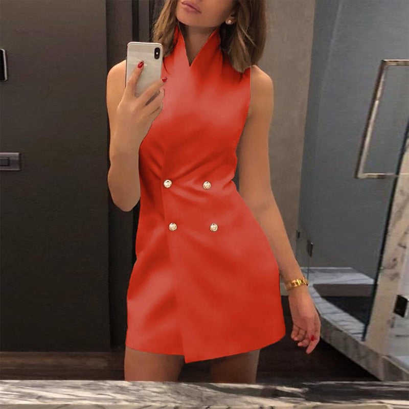 Summer Hot Fashion Casual Elegant Sleeveless Button Up Double-Breasted Short Mini Dresses Sexy Party Vintage
