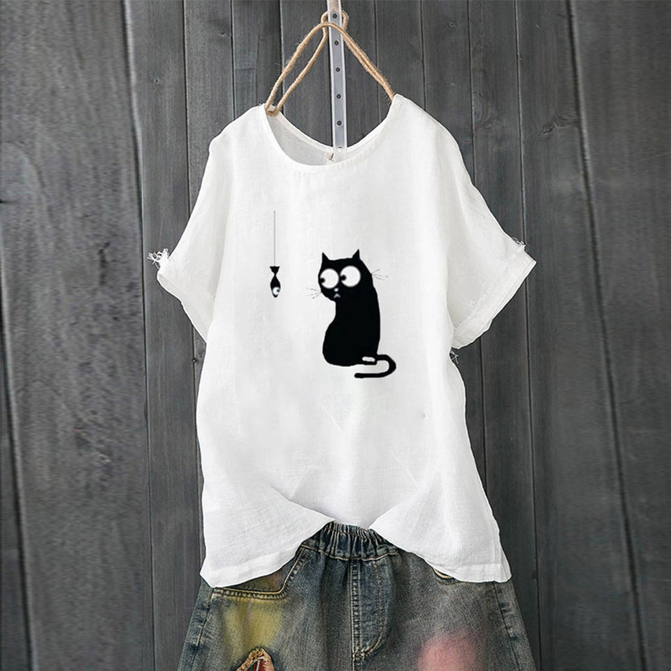 Korean Roupas Womens Clothing Women Loose Cat Print Plus
