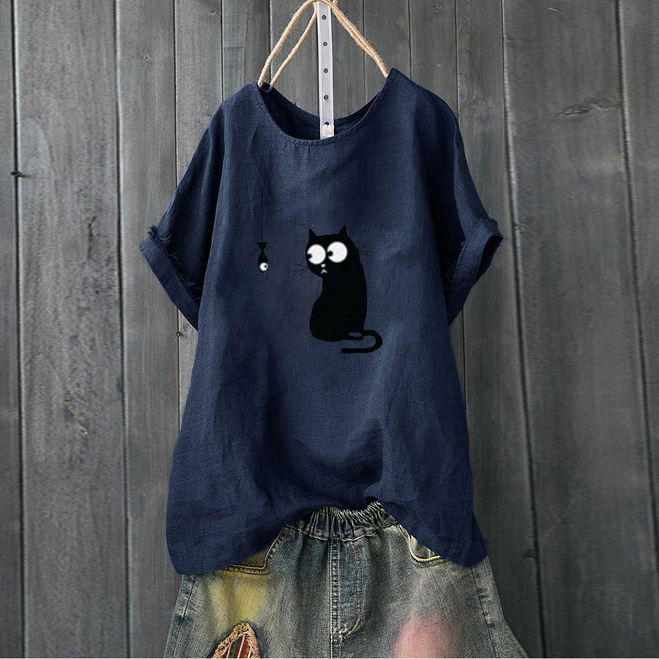 Korean Roupas Womens Clothing Women Loose Cat Print Plus
