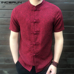 Men Shirt Button Stand Collar Short Sleeve Casual Loose Tops
