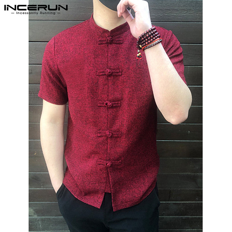 Men Shirt Button Stand Collar Short Sleeve Casual Loose Tops