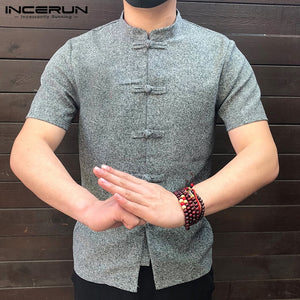 Men Shirt Button Stand Collar Short Sleeve Casual Loose Tops
