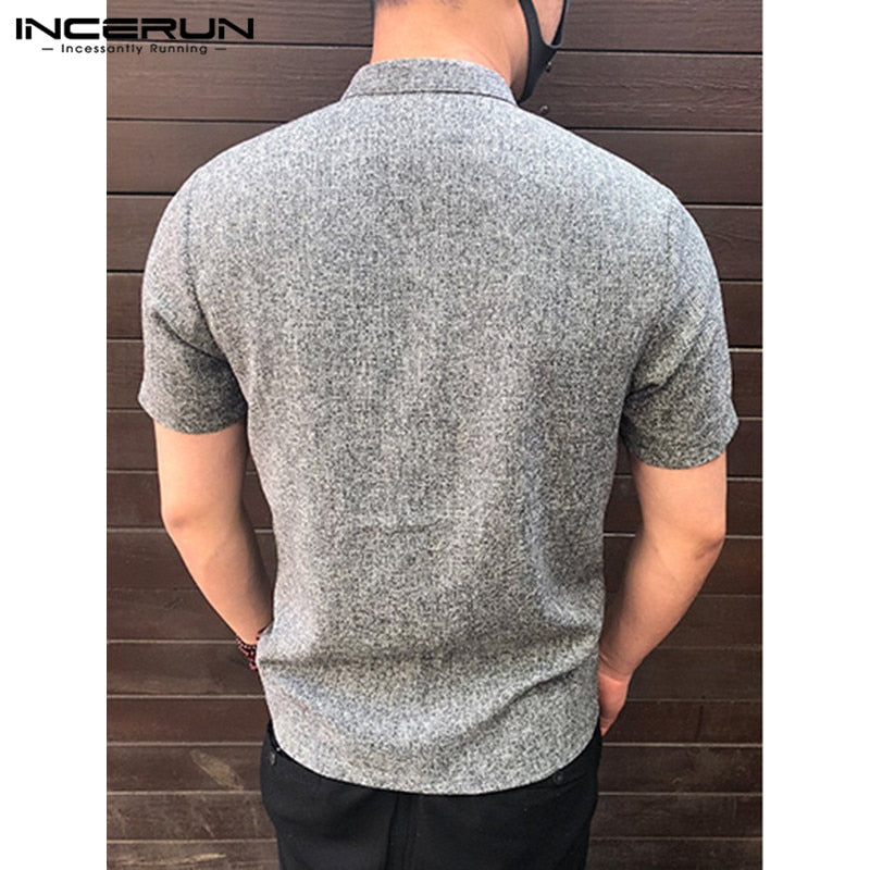Men Shirt Button Stand Collar Short Sleeve Casual Loose Tops