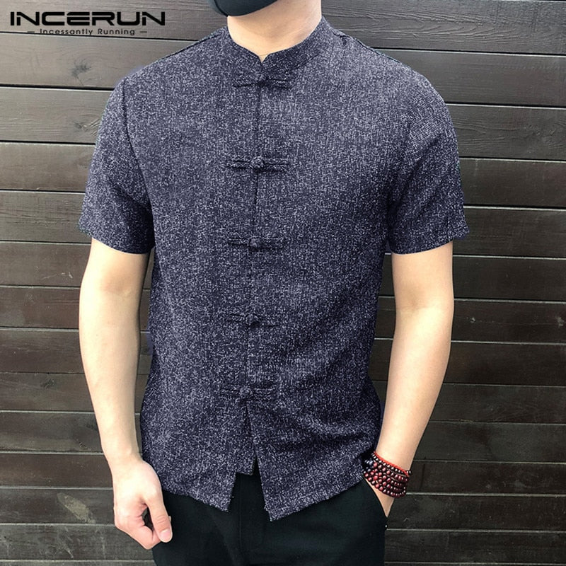 Men Shirt Button Stand Collar Short Sleeve Casual Loose Tops