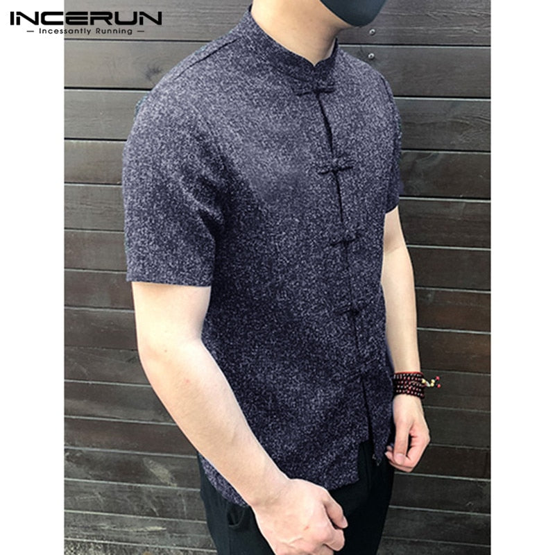 Men Shirt Button Stand Collar Short Sleeve Casual Loose Tops