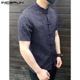 Men Shirt Button Stand Collar Short Sleeve Casual Loose Tops