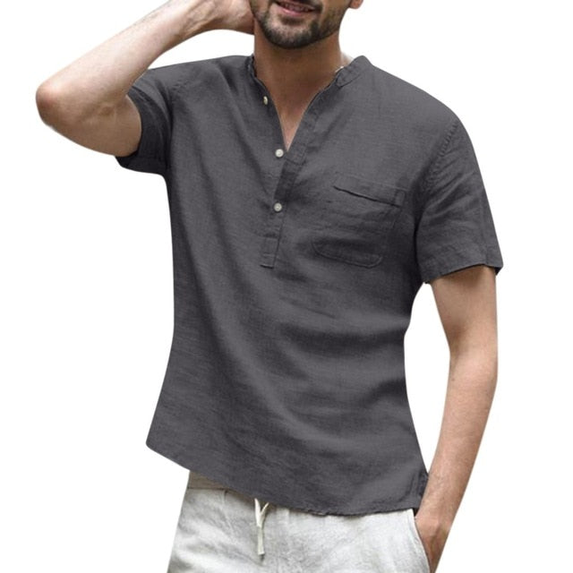 Casual Short sleeve Shirt men Men's shirt Camisa Baggy Cotton Linen Solid Button Male