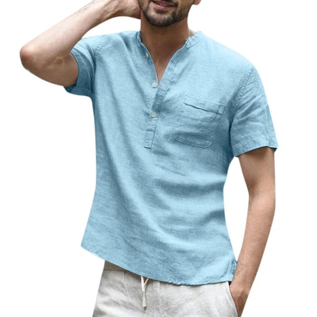 Casual Short sleeve Shirt men Men's shirt Camisa Baggy Cotton Linen Solid Button Male