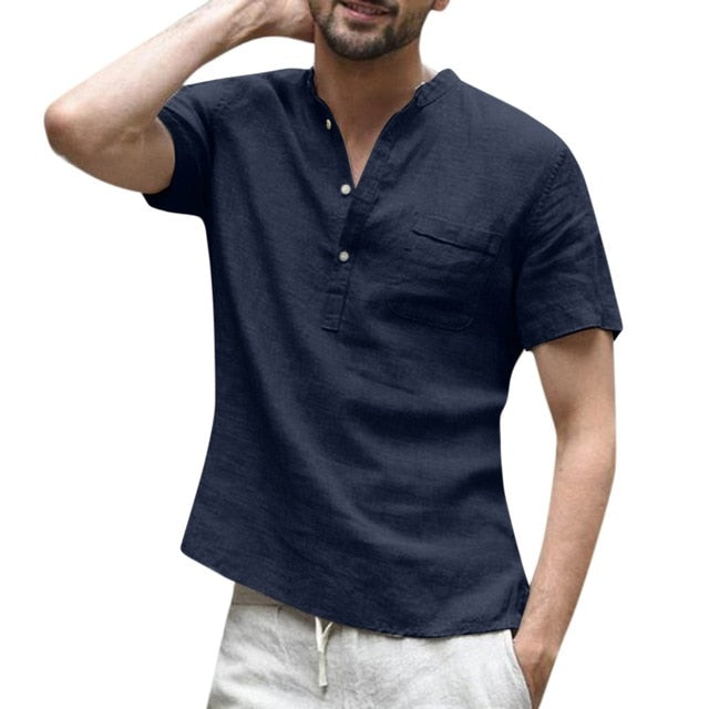Casual Short sleeve Shirt men Men's shirt Camisa Baggy Cotton Linen Solid Button Male