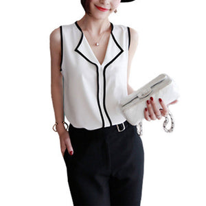Women Chiffon Blouse Shirts Casual V-Neck Sleeveless Tank Off Shoulder Solid Office Lady Tops