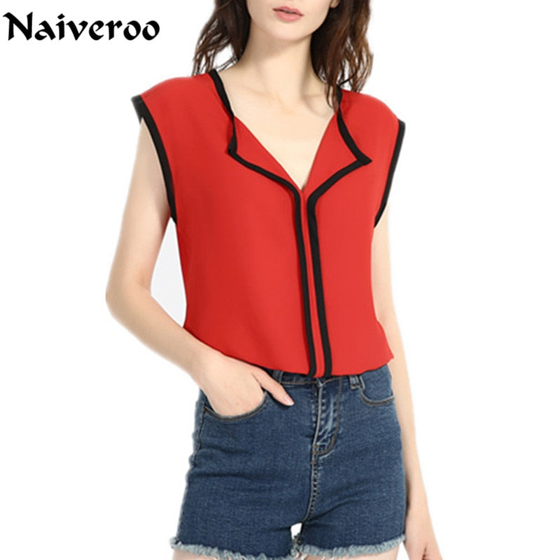 Women Chiffon Blouse Shirts Casual V-Neck Sleeveless Tank Off Shoulder Solid Office Lady Tops