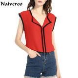 Women Chiffon Blouse Shirts Casual V-Neck Sleeveless Tank Off Shoulder Solid Office Lady Tops