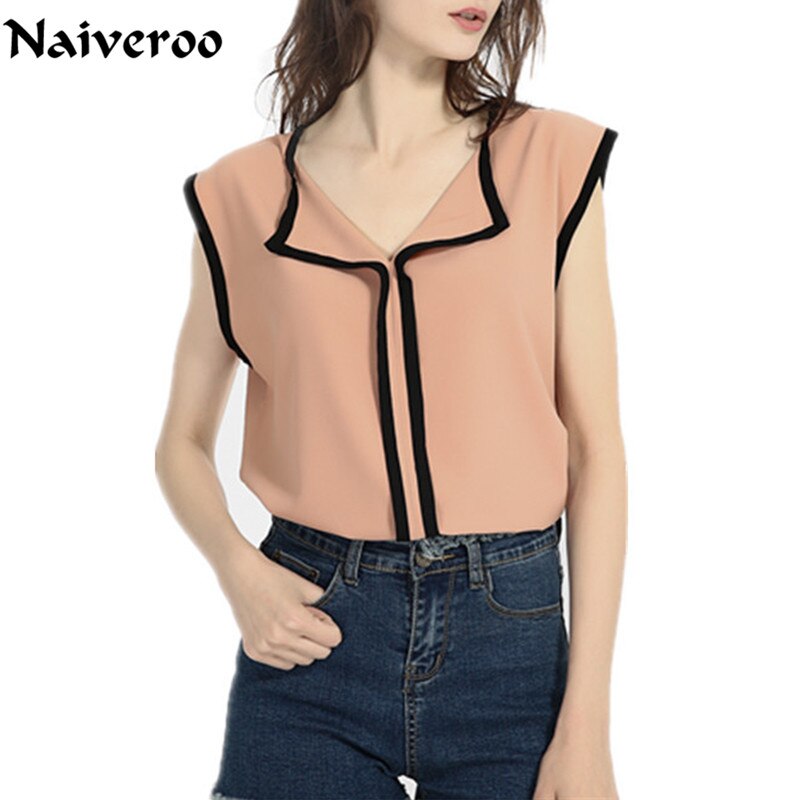 Women Chiffon Blouse Shirts Casual V-Neck Sleeveless Tank Off Shoulder Solid Office Lady Tops