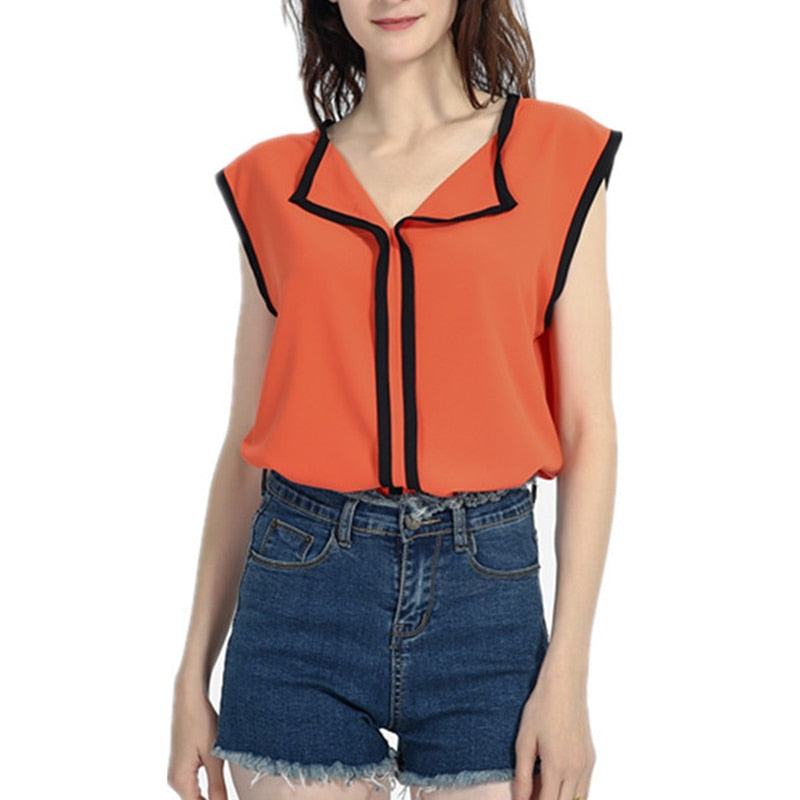 Women Chiffon Blouse Shirts Casual V-Neck Sleeveless Tank Off Shoulder Solid Office Lady Tops