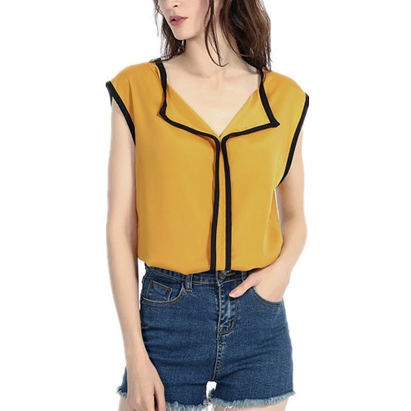 Women Chiffon Blouse Shirts Casual V-Neck Sleeveless Tank Off Shoulder Solid Office Lady Tops