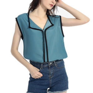 Women Chiffon Blouse Shirts Casual V-Neck Sleeveless Tank Off Shoulder Solid Office Lady Tops