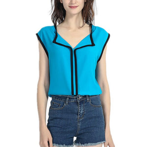 Women Chiffon Blouse Shirts Casual V-Neck Sleeveless Tank Off Shoulder Solid Office Lady Tops