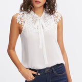 High Quality Casual Women Summer Sleeveless Bow Tie Lace Thin