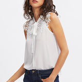 High Quality Casual Women Summer Sleeveless Bow Tie Lace Thin