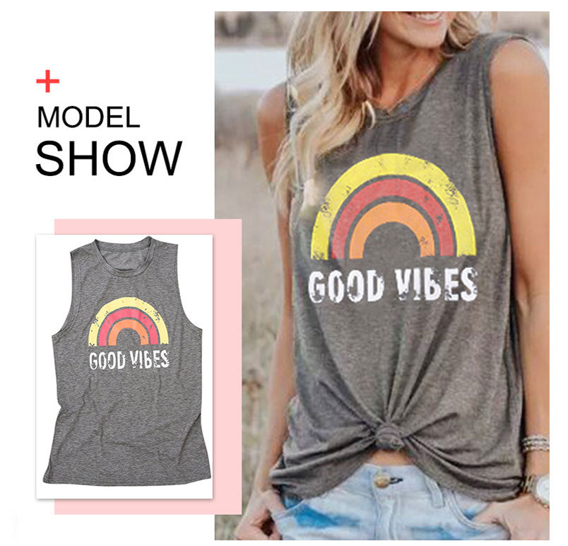 Plus Size Summer Tank Tops Women Good Vibes Print Gray O-Neck Tank