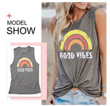 Plus Size Summer Tank Tops Women Good Vibes Print Gray O-Neck Tank