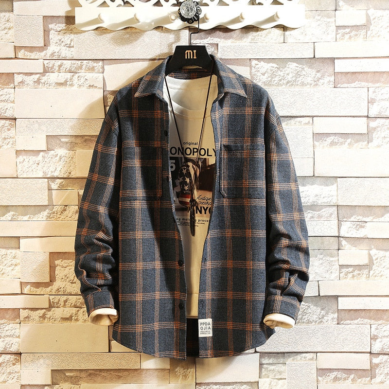Plaid High Quality Janpan Style  Spring Long Sleeve Shirt Men