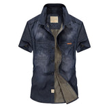 Nianjeep Casual Shirts Solid  High Quality Summer Denim Shirt Men Short Sleeve Casual Shirts