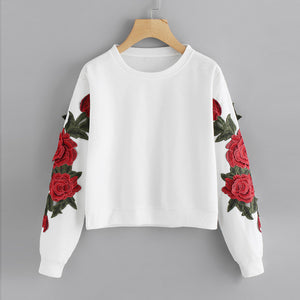 Women Long Sleeve Rose Embroidery Applique Sweatshirt