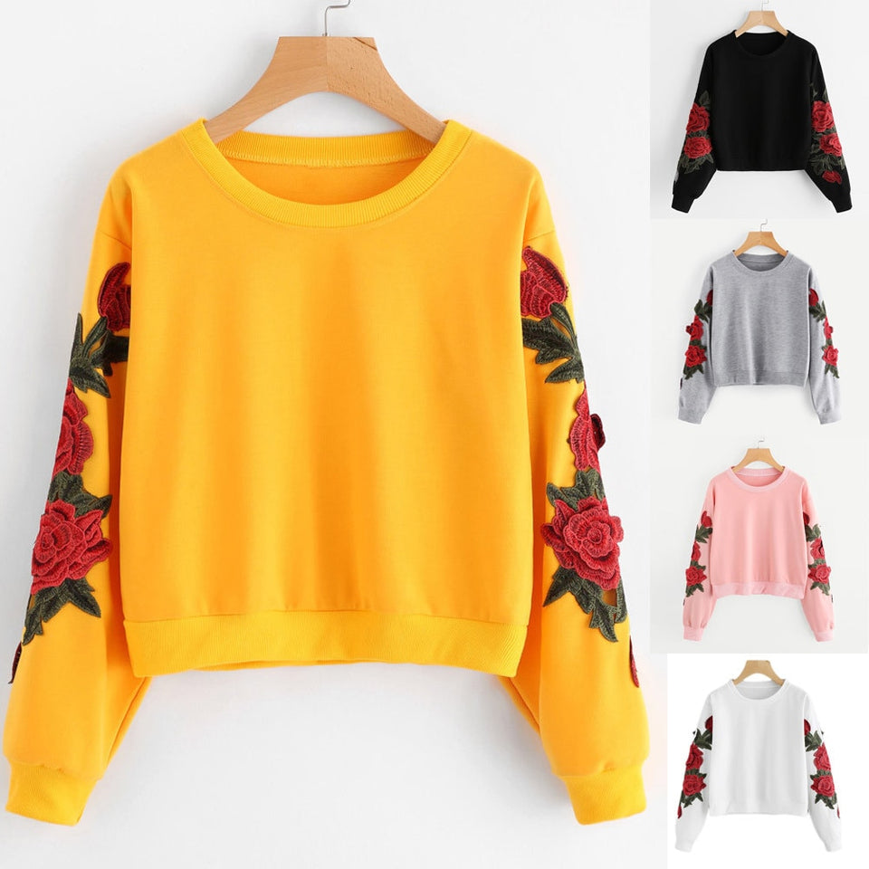 Women Long Sleeve Rose Embroidery Applique Sweatshirt