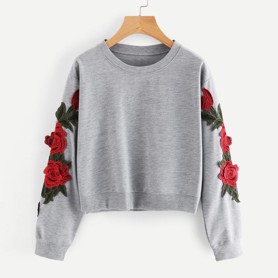 Women Long Sleeve Rose Embroidery Applique Sweatshirt
