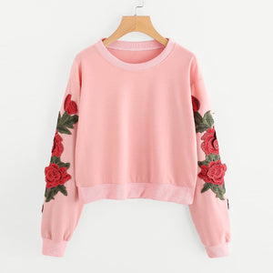 Women Long Sleeve Rose Embroidery Applique Sweatshirt