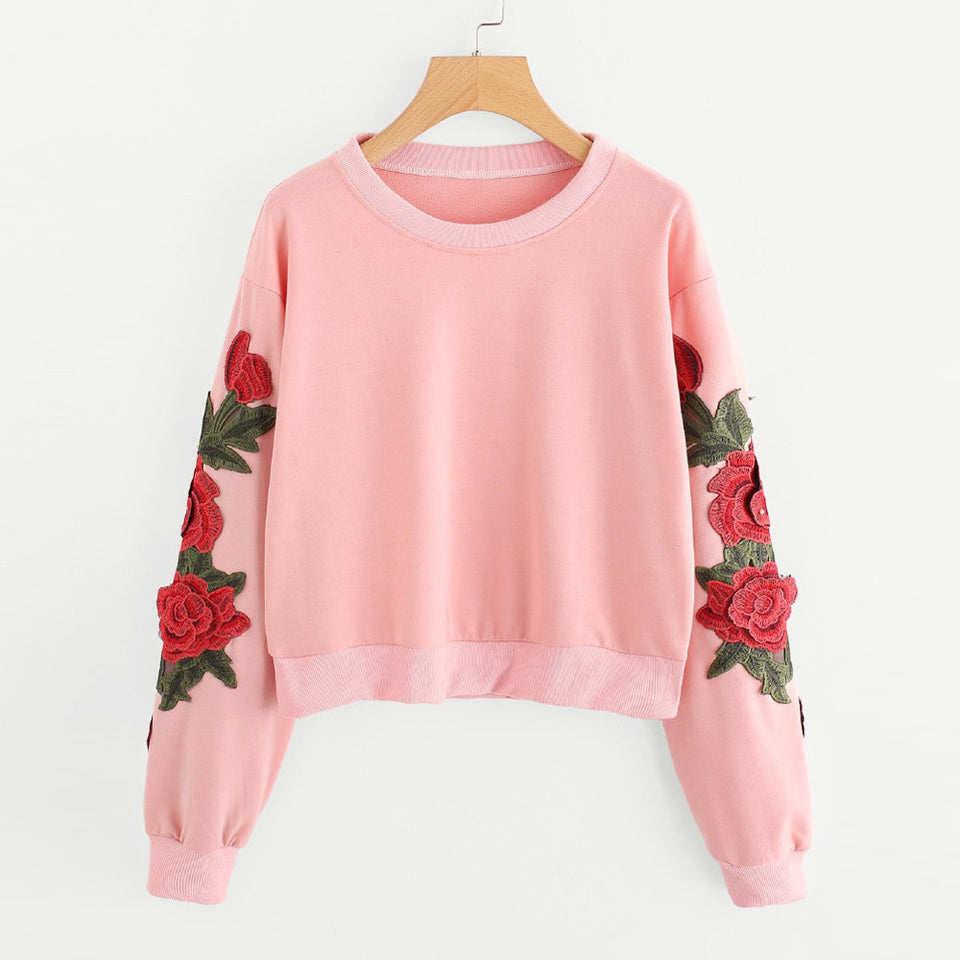 Women Long Sleeve Rose Embroidery Applique Sweatshirt