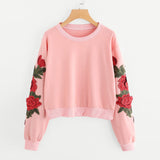 Women Long Sleeve Rose Embroidery Applique Sweatshirt