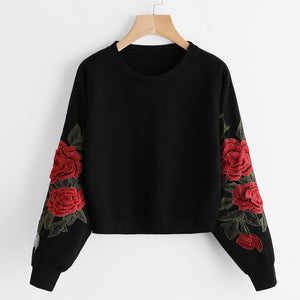 Women Long Sleeve Rose Embroidery Applique Sweatshirt