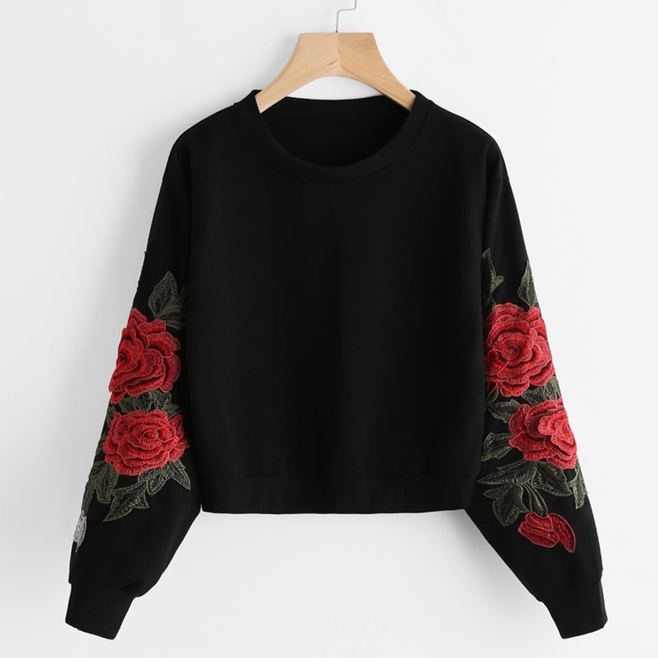 Women Long Sleeve Rose Embroidery Applique Sweatshirt