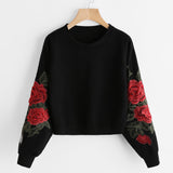 Women Long Sleeve Rose Embroidery Applique Sweatshirt