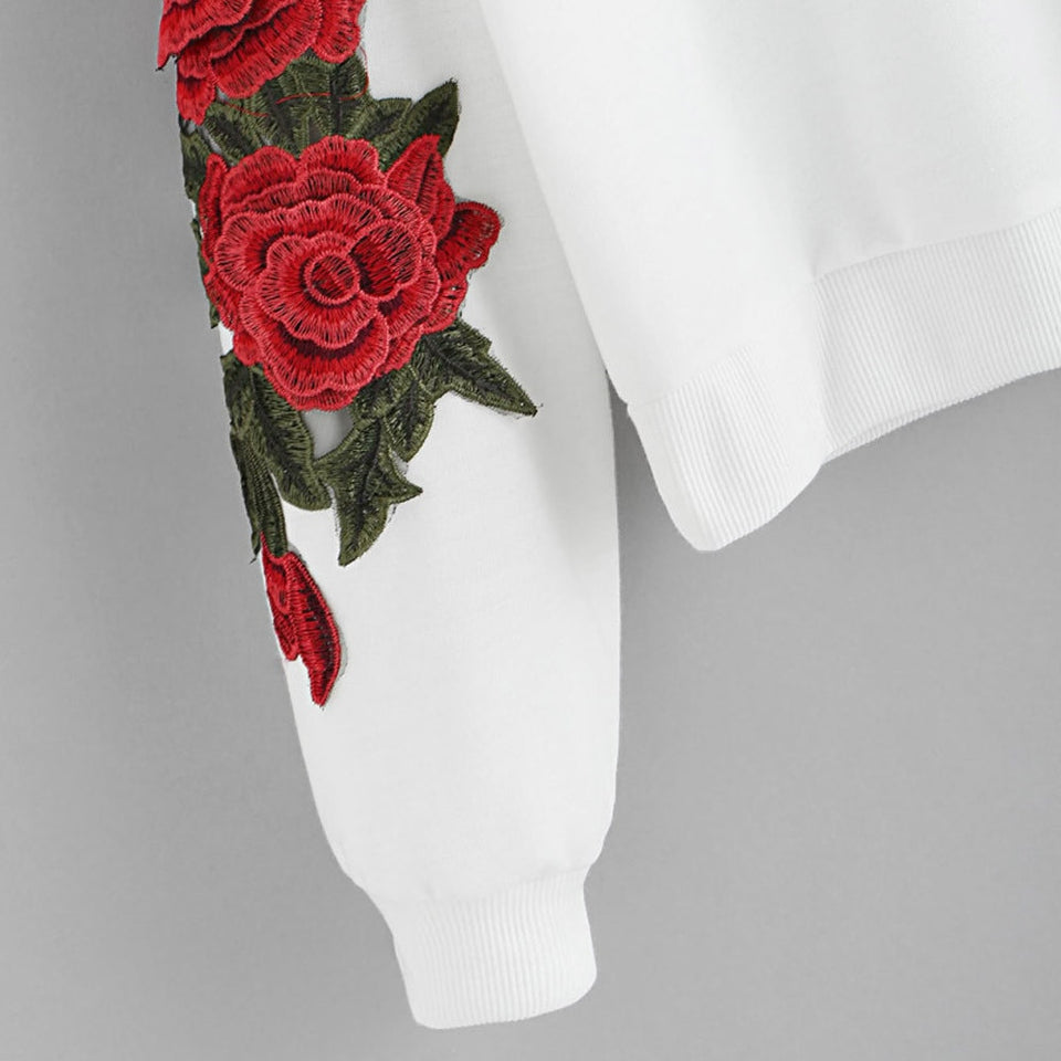 Women Long Sleeve Rose Embroidery Applique Sweatshirt