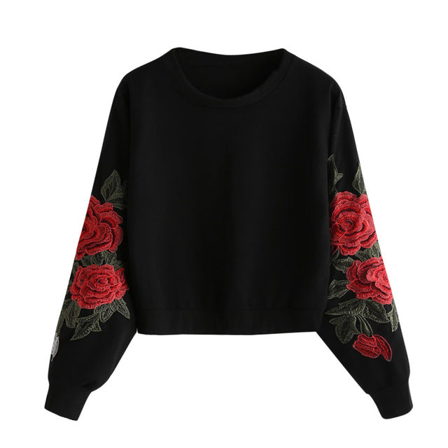 Women Long Sleeve Rose Embroidery Applique Sweatshirt