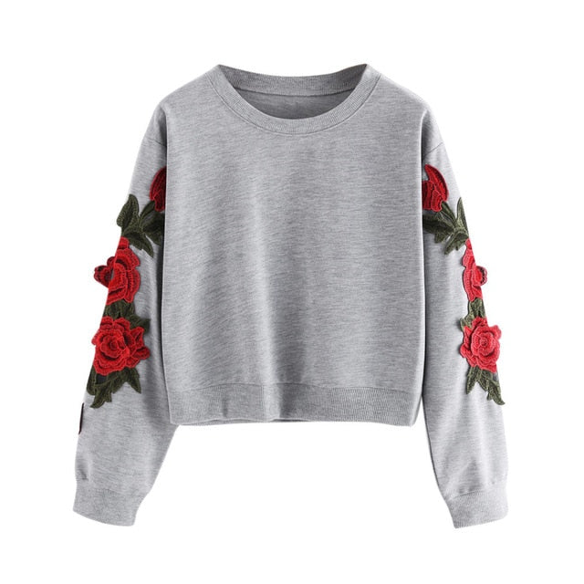 Women Long Sleeve Rose Embroidery Applique Sweatshirt