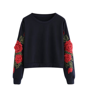 Women Long Sleeve Rose Embroidery Applique Sweatshirt