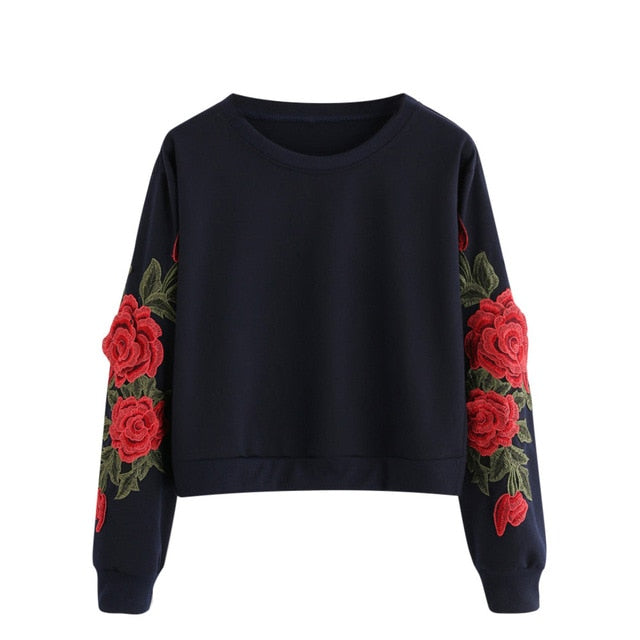 Women Long Sleeve Rose Embroidery Applique Sweatshirt