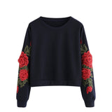 Women Long Sleeve Rose Embroidery Applique Sweatshirt
