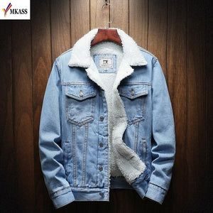 MKASS Men Jacket And Coat Trendy Warm Fleece Denim Jacket 2019 Winter Fashion Mens