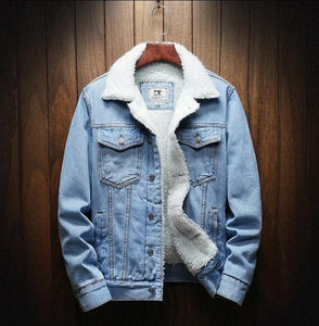 MKASS Men Jacket And Coat Trendy Warm Fleece Denim Jacket 2019 Winter Fashion Mens