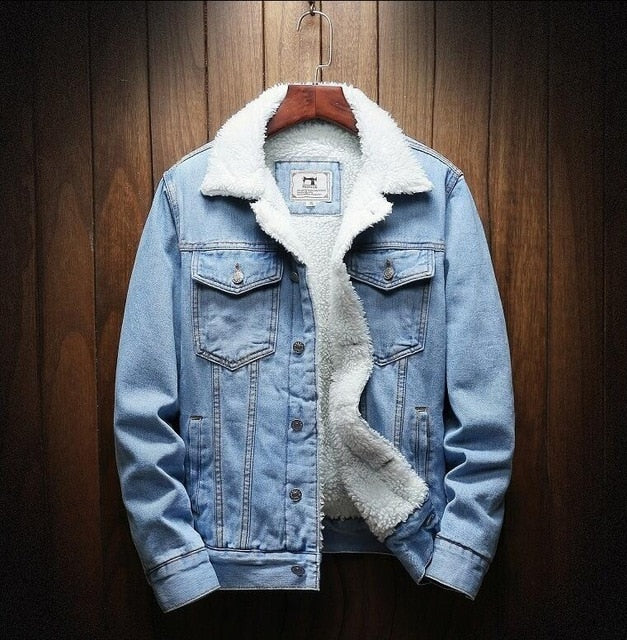 MKASS Men Jacket And Coat Trendy Warm Fleece Denim Jacket 2019 Winter Fashion Mens