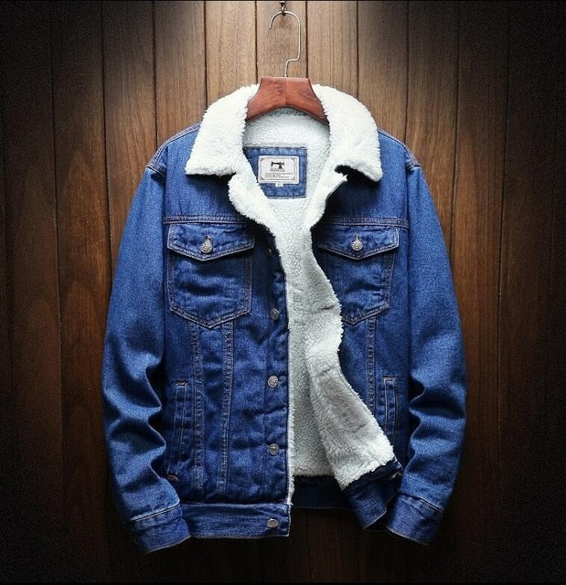 MKASS Men Jacket And Coat Trendy Warm Fleece Denim Jacket 2019 Winter Fashion Mens