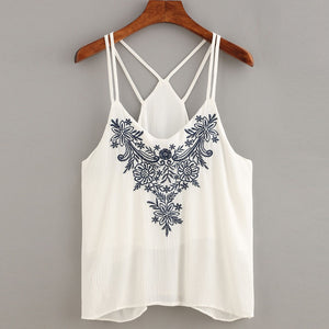 Summer Fashion Women Ladies Sexy Embroidered Sleeveless Tops