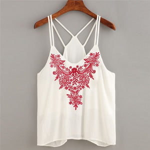 Summer Fashion Women Ladies Sexy Embroidered Sleeveless Tops