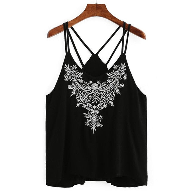 Summer Fashion Women Ladies Sexy Embroidered Sleeveless Tops
